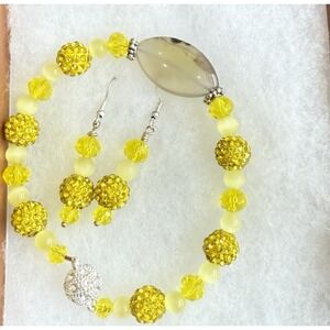 Handcrafted Agate Yellow Cats Eye‎ & Crystals Bracelet and Earring Set